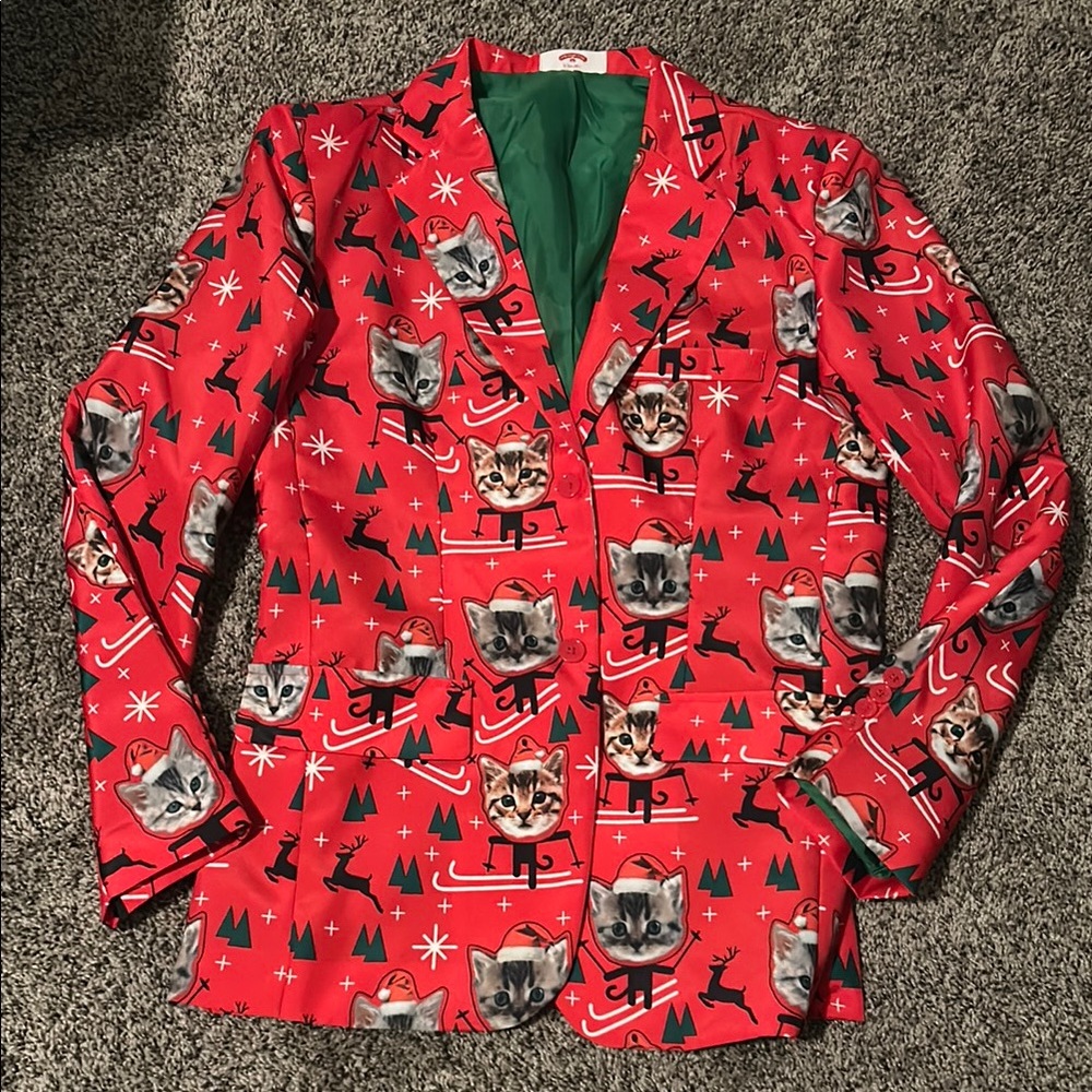Ugly Christmas Sweater Style Blazer Cat on Skis Print
